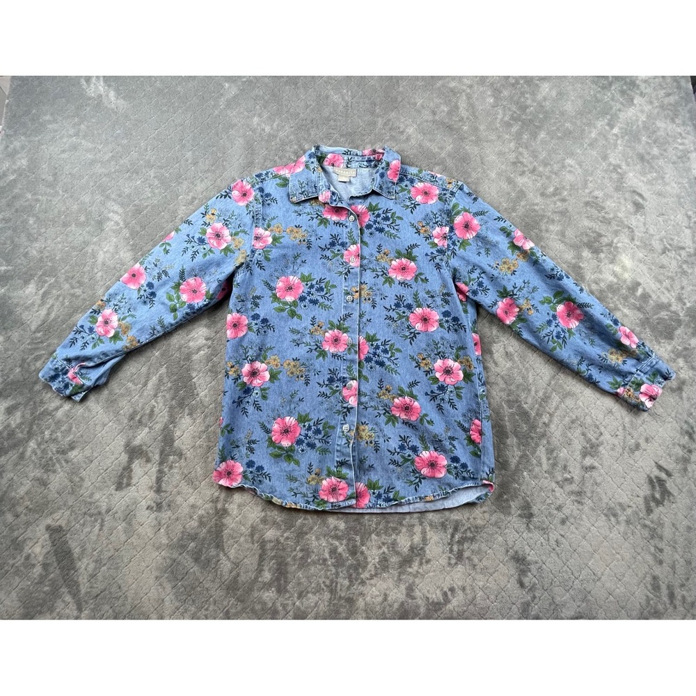 Vintage 90s CAPACITY Women M Denim Floral Shirt Blue Pink Button Up Long Sleeve - Picture 2 of 13